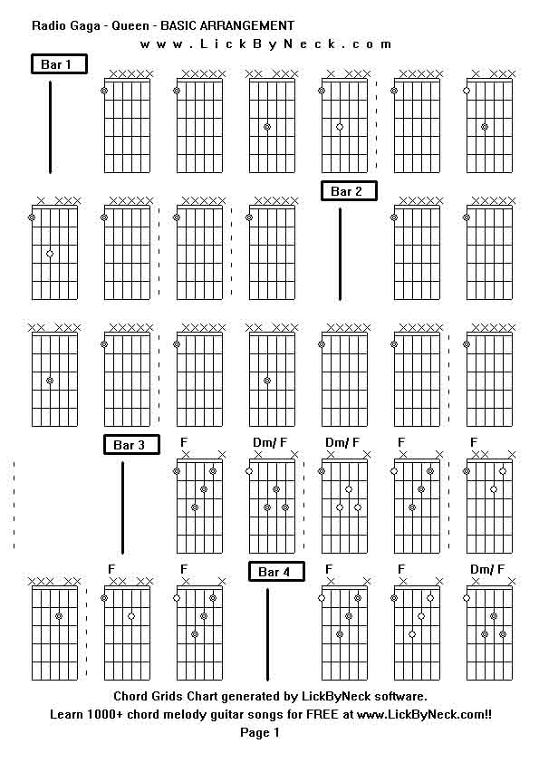Chord Grids Chart of chord melody fingerstyle guitar song-Radio Gaga - Queen - BASIC ARRANGEMENT,generated by LickByNeck software.
